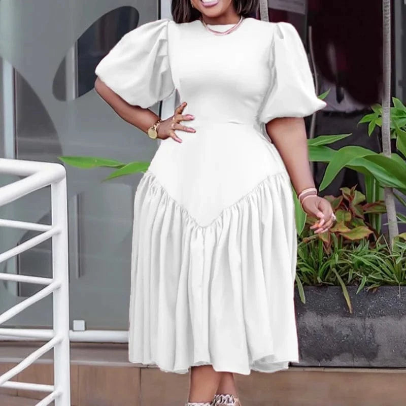 Lanxi New Model American Elegant Lady Africa Clothing Spring Long Puff Sleeve Pleat Casual Dresses Plus Size Fashion Dress Women
