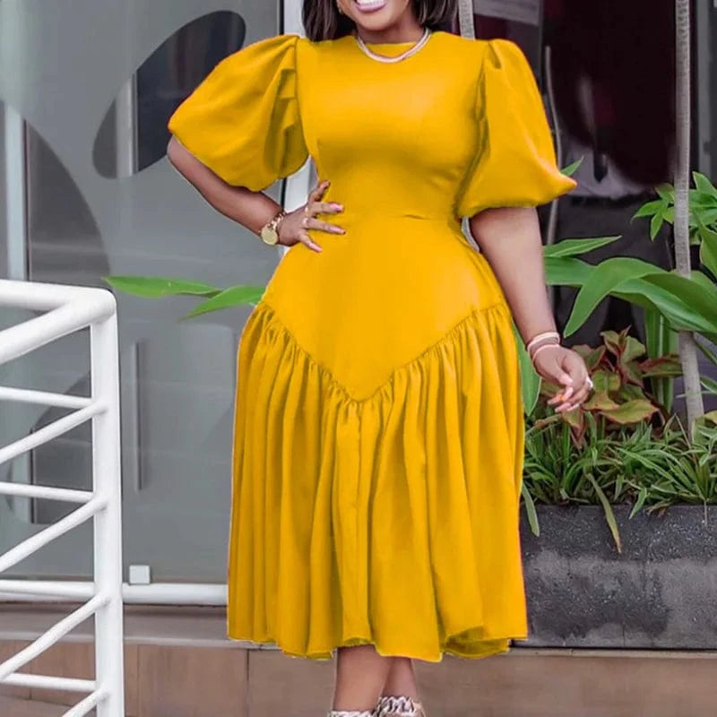 Lanxi New Model American Elegant Lady Africa Clothing Spring Long Puff Sleeve Pleat Casual Dresses Plus Size Fashion Dress Women