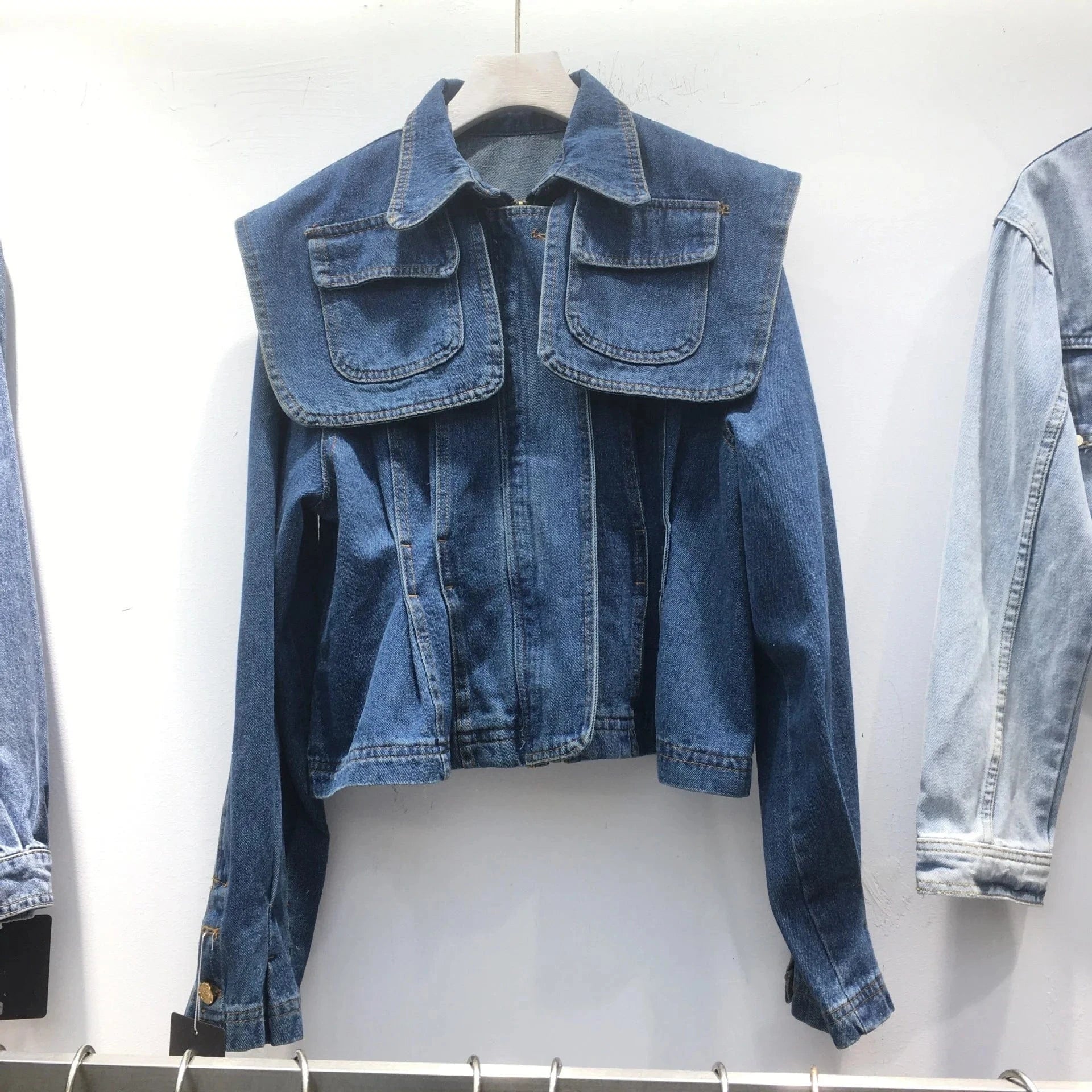 Lapel Long Sleeve Short Tunic Designer Coats Streetwear Solid Patchwork Pockets Lapel Long Sleeve Casual Denim Jacket