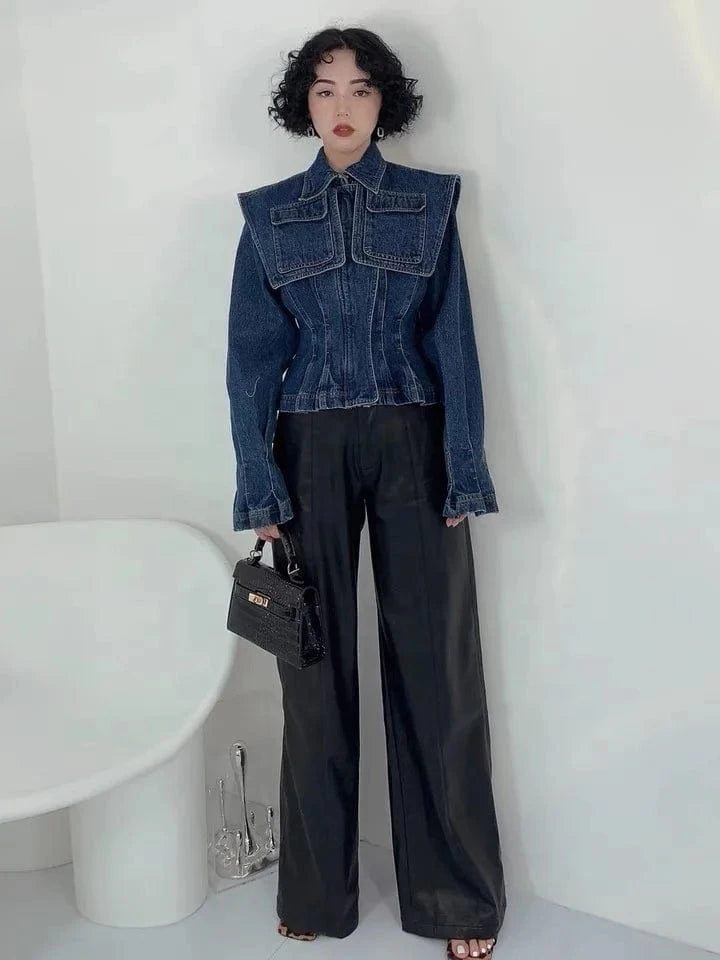 Lapel Long Sleeve Short Tunic Designer Coats Streetwear Solid Patchwork Pockets Lapel Long Sleeve Casual Denim Jacket