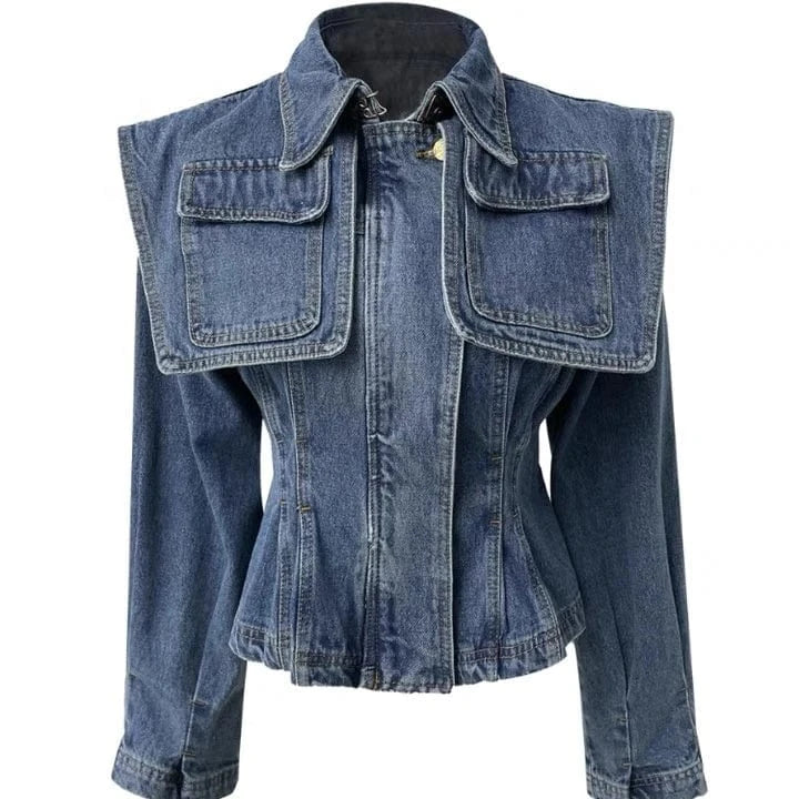 Lapel Long Sleeve Short Tunic Designer Coats Streetwear Solid Patchwork Pockets Lapel Long Sleeve Casual Denim Jacket