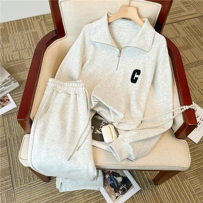 Large Collar Casual Sports Suit for Women, Autumn Loose and Stylish Fashion Hoodie Two - piece Set Juicy Couture Tracksuitpant Set - SN Wigs & More