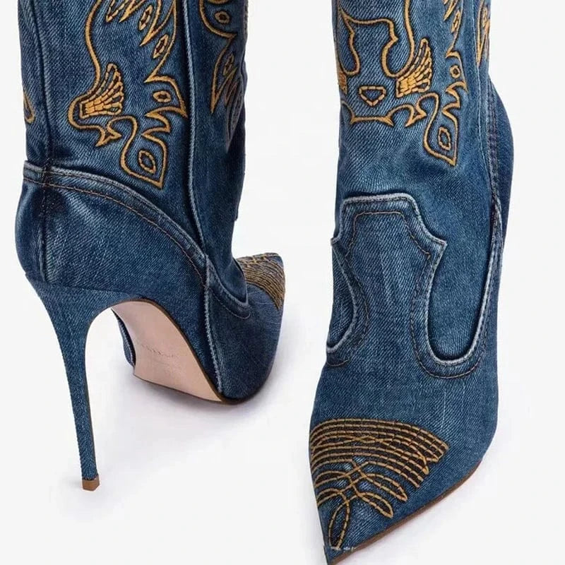 Large Size 44 Denim Short Pants Boots Thin High Heels Pointed Toe Embroidered Ankle Booties Women's Trend Slip On Jeans Shoes