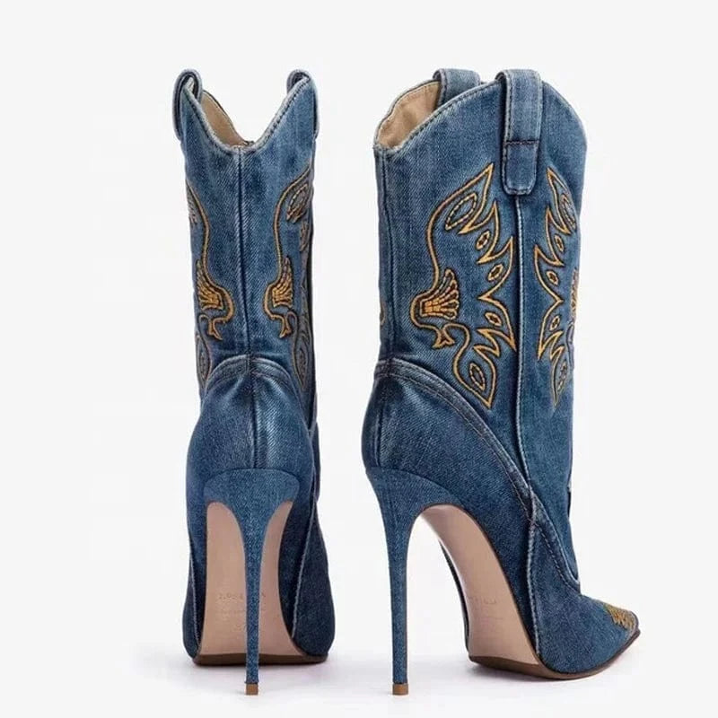 Large Size 44 Denim Short Pants Boots Thin High Heels Pointed Toe Embroidered Ankle Booties Women's Trend Slip On Jeans Shoes