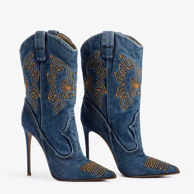 Large Size 44 Denim Short Pants Boots Thin High Heels Pointed Toe Embroidered Ankle Booties Women's Trend Slip On Jeans Shoes