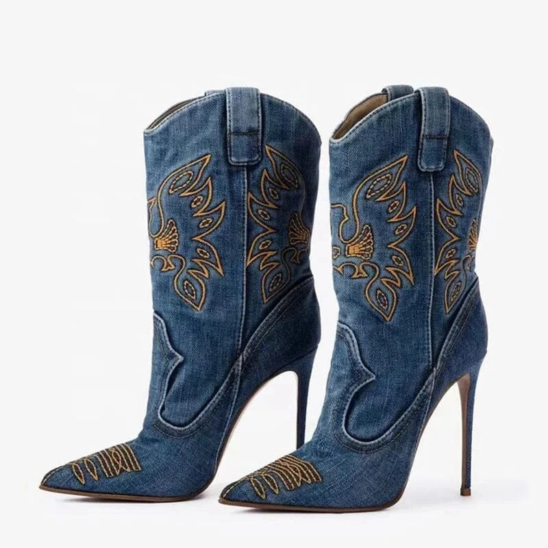 Large Size 44 Denim Short Pants Boots Thin High Heels Pointed Toe Embroidered Ankle Booties Women's Trend Slip On Jeans Shoes