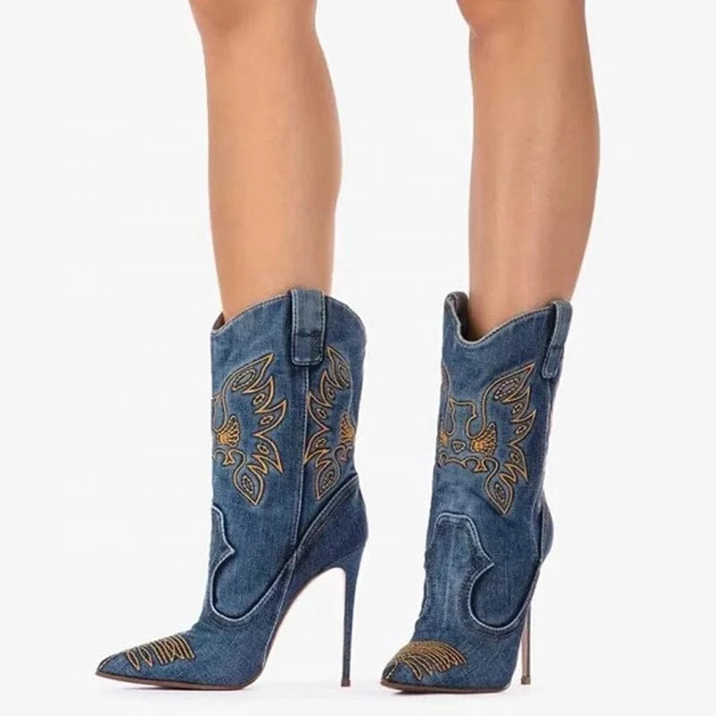 Large Size 44 Denim Short Pants Boots Thin High Heels Pointed Toe Embroidered Ankle Booties Women's Trend Slip On Jeans Shoes
