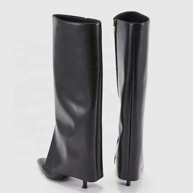 Large Size 45 Thin High Heel Pointed Toe Overlay Boot Shoes Stiletto Pants Boots Women's Folded Over Knee High Booties