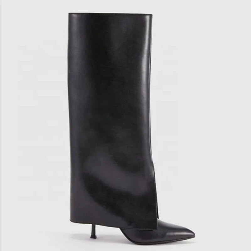 Large Size 45 Thin High Heel Pointed Toe Overlay Boot Shoes Stiletto Pants Boots Women's Folded Over Knee High Booties