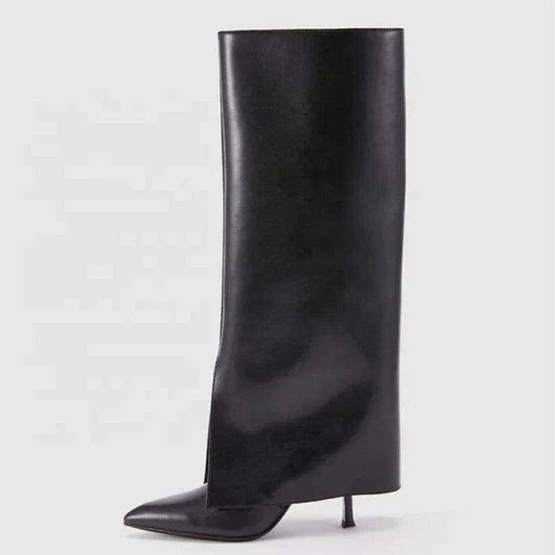 Large Size 45 Thin High Heel Pointed Toe Overlay Boot Shoes Stiletto Pants Boots Women's Folded Over Knee High Booties