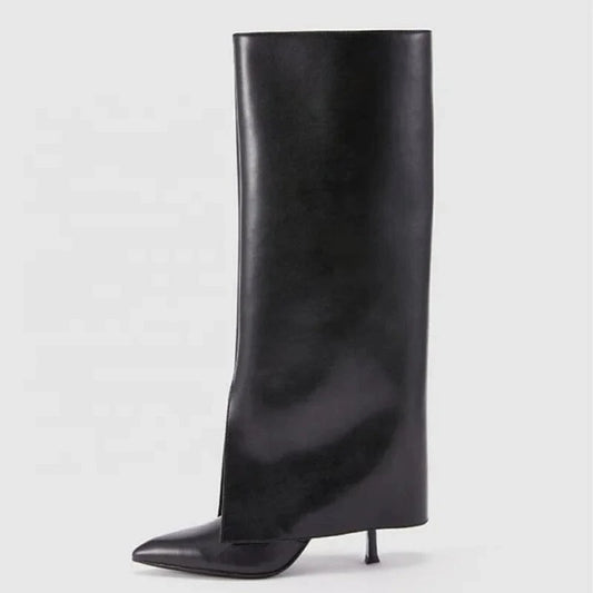 Large Size 45 Thin High Heel Pointed Toe Overlay Boot Shoes Stiletto Pants Boots Women's Folded Over Knee High Booties