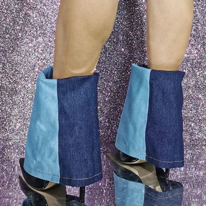 Large Size 47 Denim Patchwork Folded Short Boots Thin High Heels Pointed Toe Overlay Ankle Booties Women's Trend Shoes