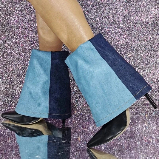 Large Size 47 Denim Patchwork Folded Short Boots Thin High Heels Pointed Toe Overlay Ankle Booties Women's Trend Shoes