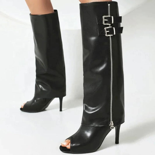 Large Size 48 Sexy Thin High Heels Peep Toe Shoes Side Zipper Stiletto Summer Pants Boots Women's Metal Belt Knee High Booties