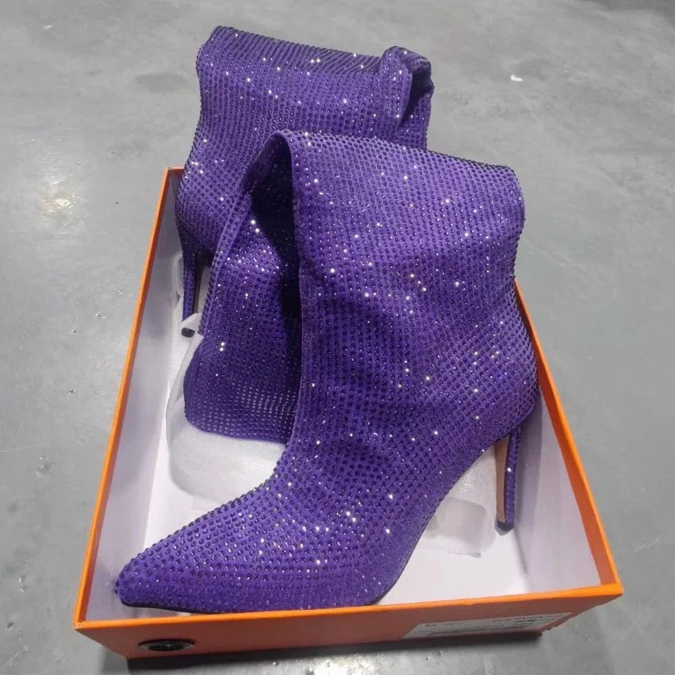 Large Size Diamond Crystal Rhinestone Comfortable Tube Stilettos Knee High Women's Boots