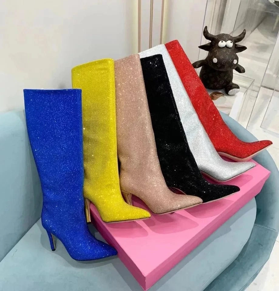 Large Size Diamond Crystal Rhinestone Comfortable Tube Stilettos Knee High Women's Boots