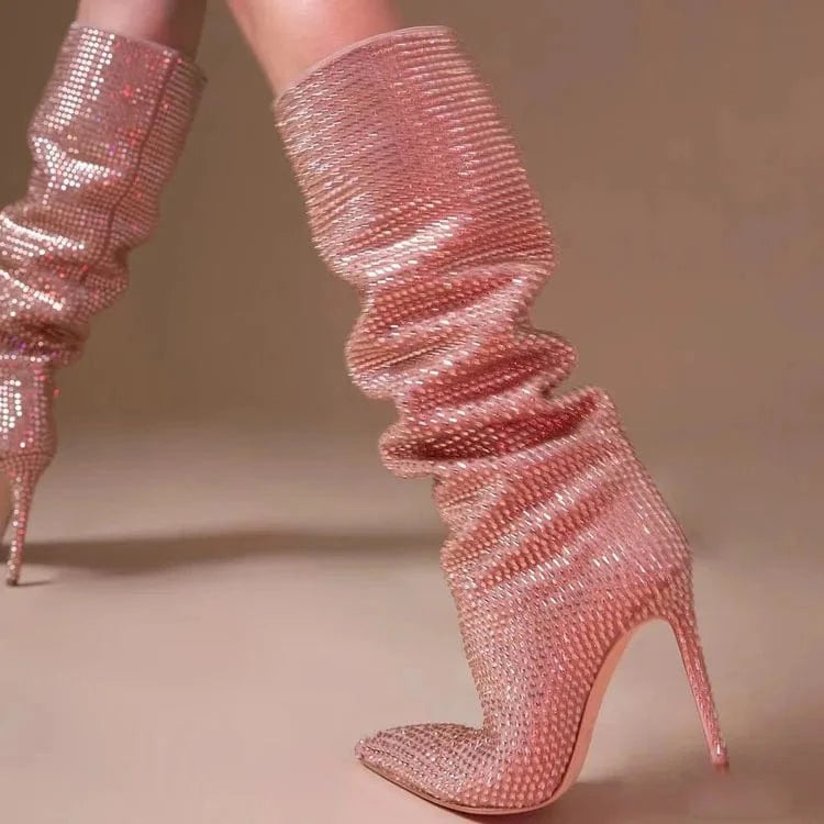 Large Size Diamond Crystal Rhinestone Comfortable Tube Stilettos Knee High Women's Boots