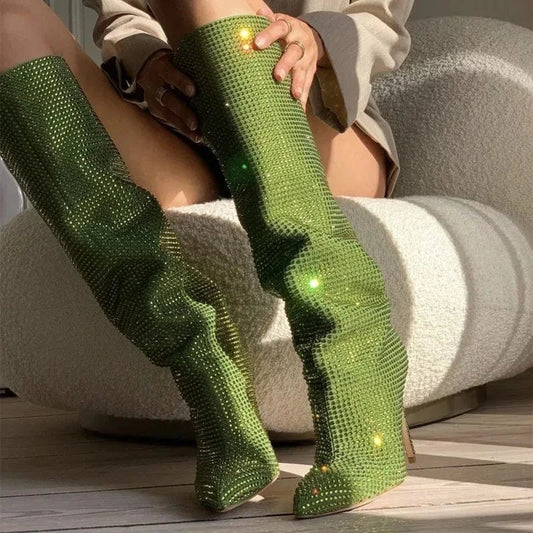 Large Size Diamond Crystal Rhinestone Comfortable Tube Stilettos Knee High Women's Boots