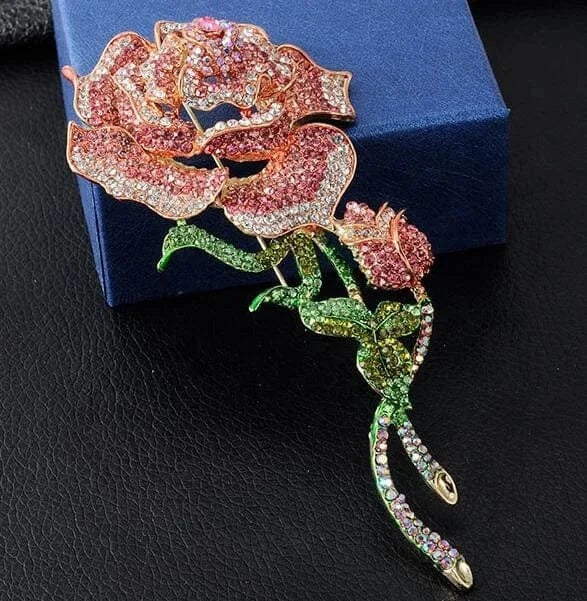 Large Size Rose Flower Brooch Women Wedding Jewelry Wedding Fashion Winter Lapel Pin Pink and Green Sorority Crystal Brooches