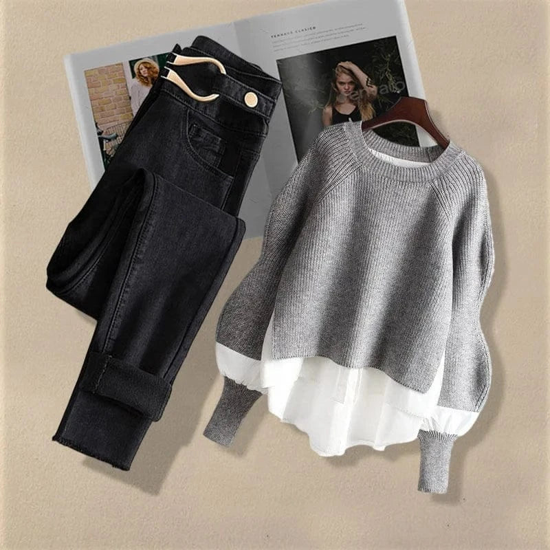 Large Spring and Autumn Women's Suit 2023 New Korean Fashion Fake Two-piece Shirt Top Slim Casual Jeans Two-piece Set