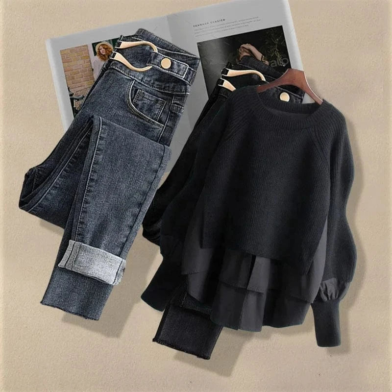 Large Spring and Autumn Women's Suit 2023 New Korean Fashion Fake Two-piece Shirt Top Slim Casual Jeans Two-piece Set