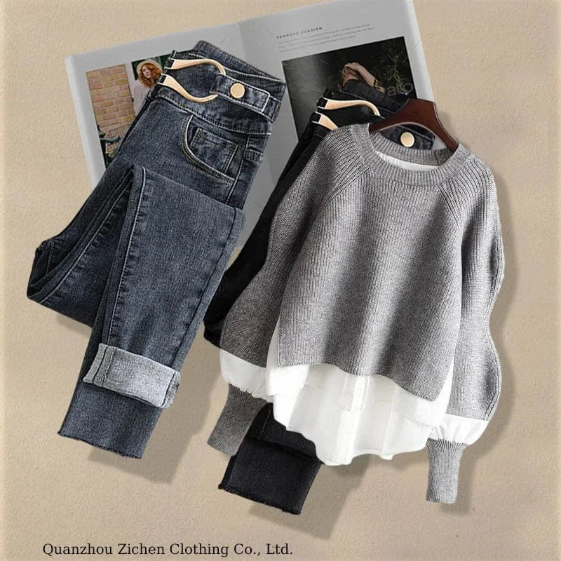 Large Spring and Autumn Women's Suit 2023 New Korean Fashion Fake Two-piece Shirt Top Slim Casual Jeans Two-piece Set