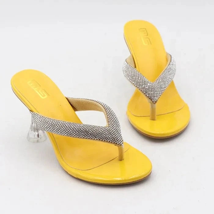 Latest Big Size 42 Party Women Shoes Crystal Heels Solid Color Slippers Outdoor Sandals Diamond Female Flip-Flops Heeled Sandals