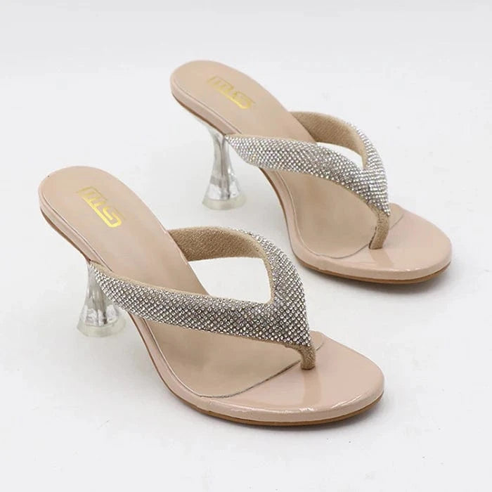 Latest Big Size 42 Party Women Shoes Crystal Heels Solid Color Slippers Outdoor Sandals Diamond Female Flip-Flops Heeled Sandals
