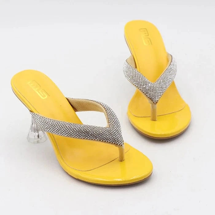 Latest Big Size 42 Party Women Shoes Crystal Heels Solid Color Slippers Outdoor Sandals Diamond Female Flip-Flops Heeled Sandals