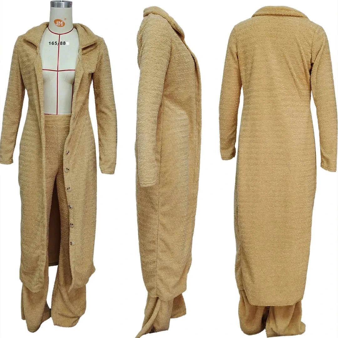 Latest Coat Pant Designs Woman Long Fur Coat Fur Jacket Two Piece Pants Set Winter 2 Piece Matching Ladies Coat Pant Suits