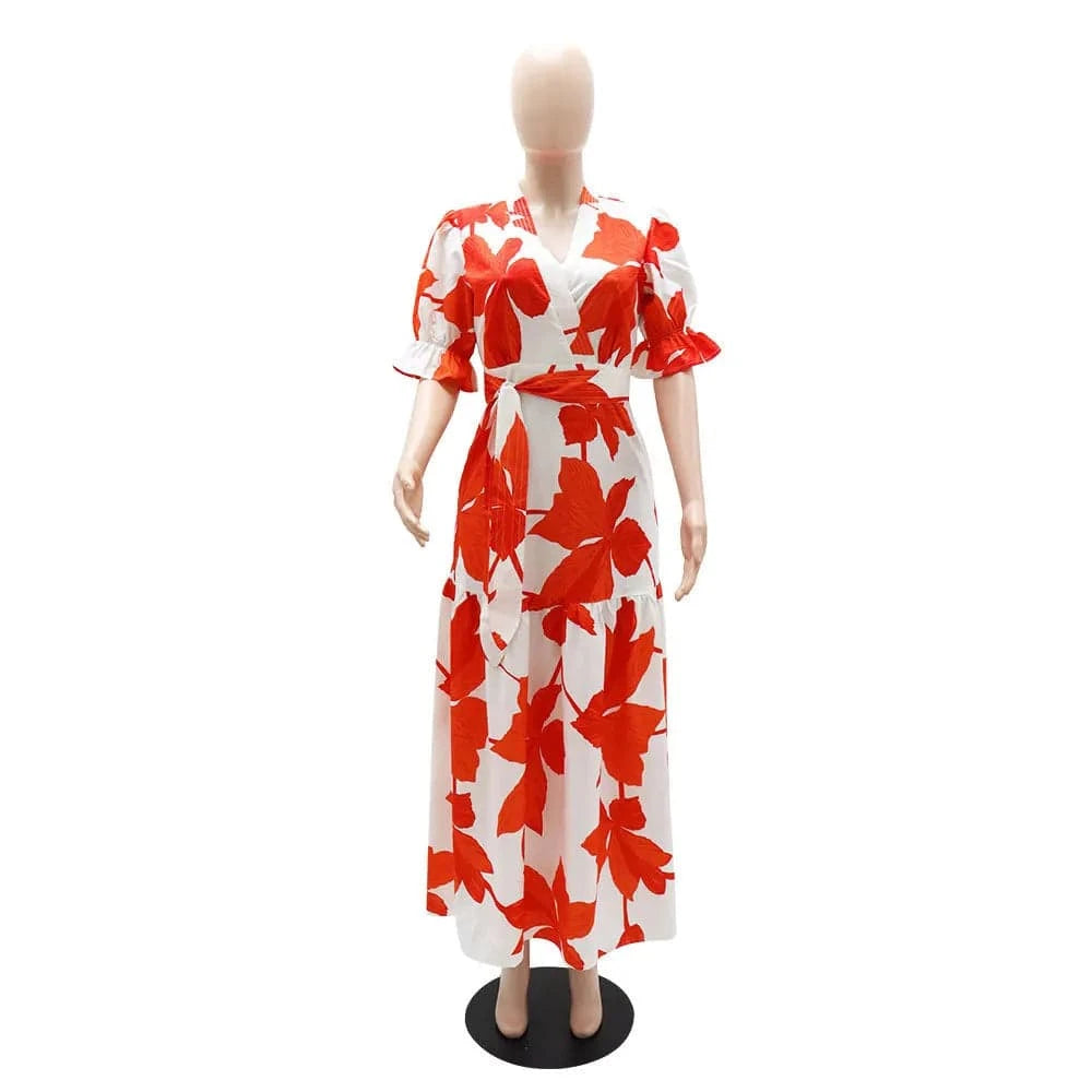 Latest Design Bohemian Summer Dress For Women V-neck A Line Puff Sleeve Leaf Printed Long Dresses Women Casual Dresses
