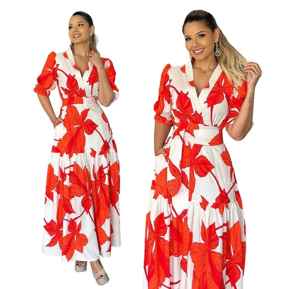 Latest Design Bohemian Summer Dress For Women V-neck A Line Puff Sleeve Leaf Printed Long Dresses Women Casual Dresses