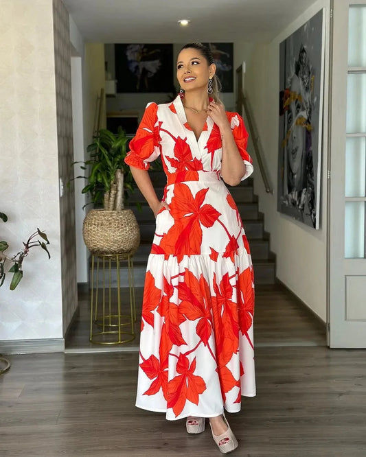 Latest Design Bohemian Summer Dress For Women V-neck A Line Puff Sleeve Leaf Printed Long Dresses Women Casual Dresses