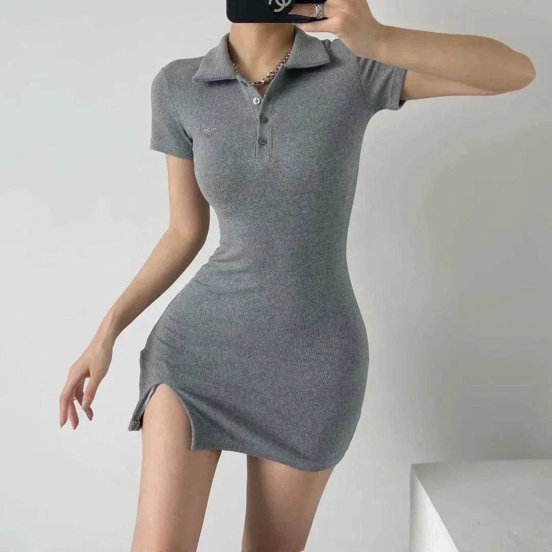 Latest Designs Summer Solid  Print Stand Collar Button Bodycon High Slit  Casual Dresses Women