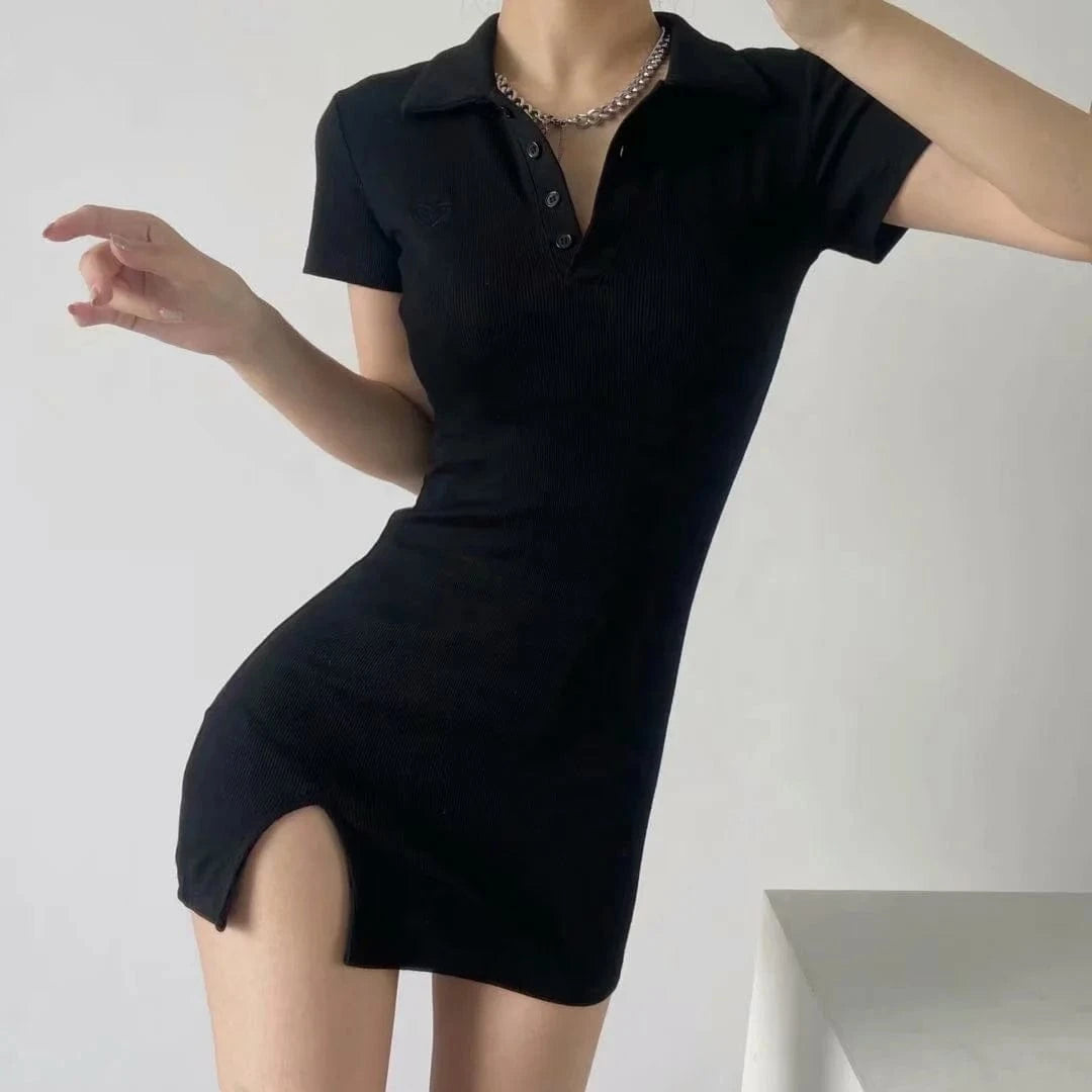 Latest Designs Summer Solid  Print Stand Collar Button Bodycon High Slit  Casual Dresses Women