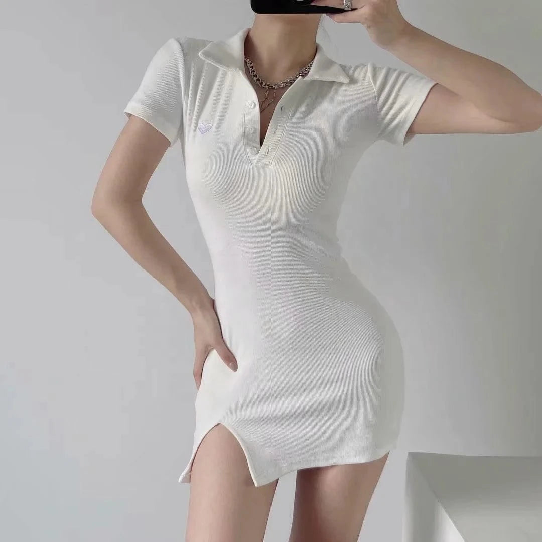 Latest Designs Summer Solid  Print Stand Collar Button Bodycon High Slit  Casual Dresses Women