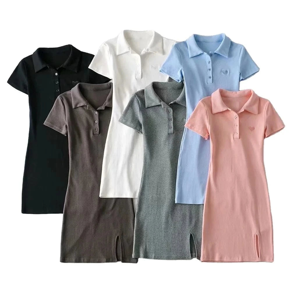 Latest Designs Summer Solid  Print Stand Collar Button Bodycon High Slit  Casual Dresses Women