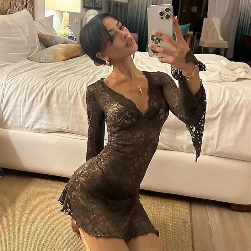 latest dress designs new sexy v neck lace girls sexy dress wholesale long sleeve transparent casual evening dress