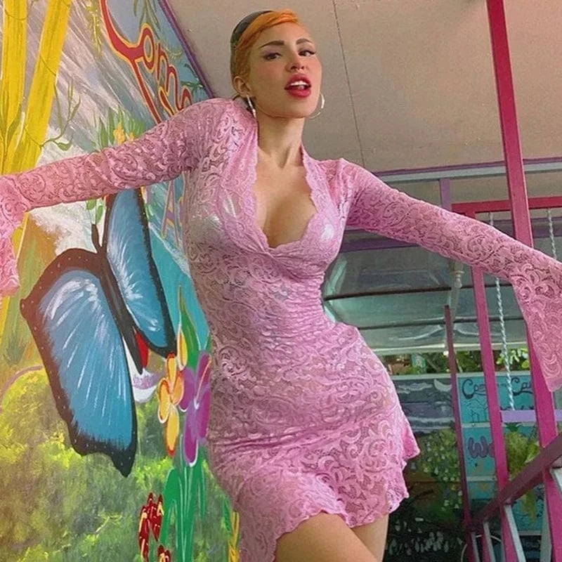 latest dress designs new sexy v neck lace girls sexy dress wholesale long sleeve transparent casual evening dress