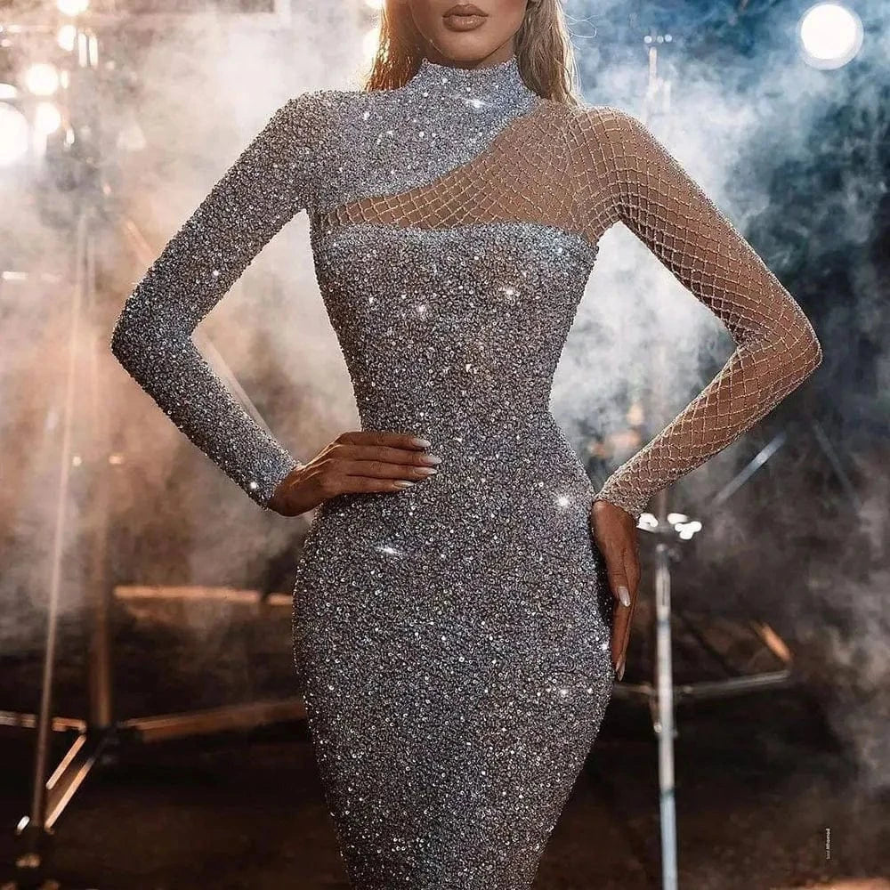 Latest Evening Gown Styles Mesh Sparkling Evening Dresses Silver Sequin Gown For Wedding Prom Dresses 2022 Evening Gowns Sexy