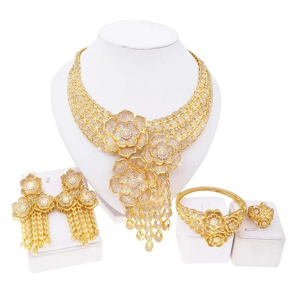 Latest Fashion 24K 18K Gold Plated Wedding Gift Jewelry set Bridal Zircon High Quality Necklace Earring Bracelet Ring Jewels