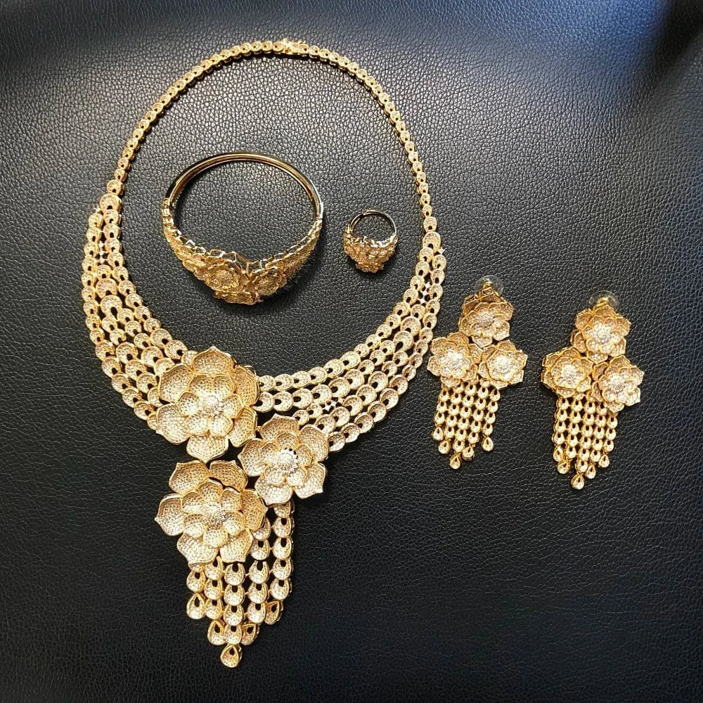 Latest Fashion 24K 18K Gold Plated Wedding Gift Jewelry set Bridal Zircon High Quality Necklace Earring Bracelet Ring Jewels