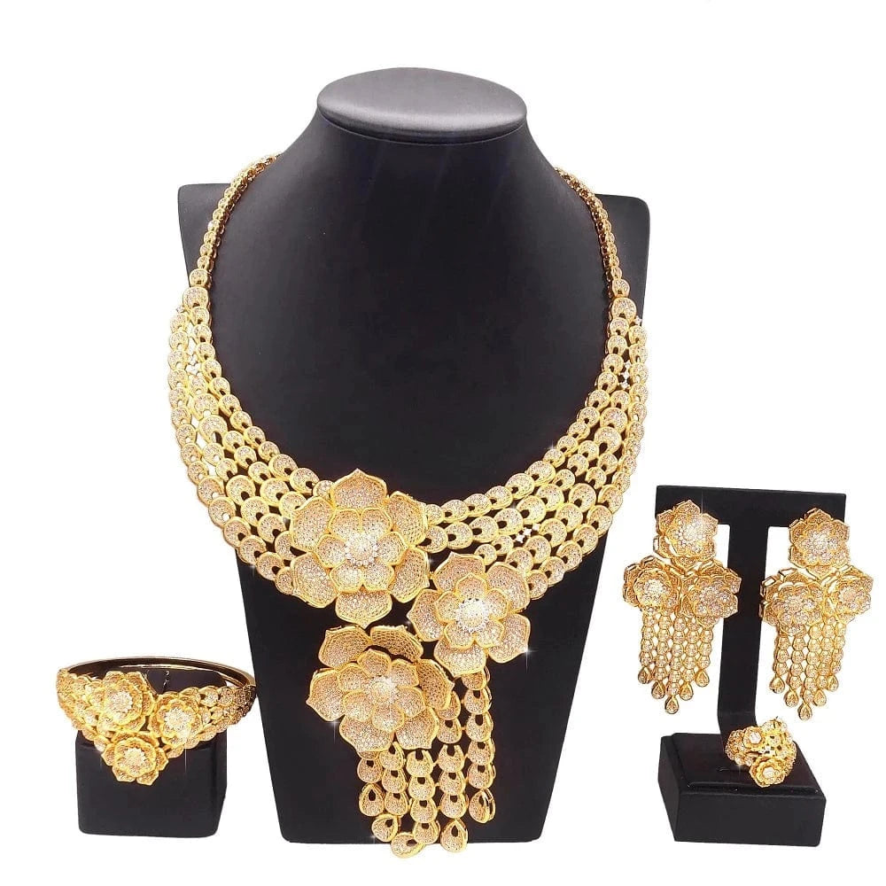 Latest Fashion 24K 18K Gold Plated Wedding Gift Jewelry set Bridal Zircon High Quality Necklace Earring Bracelet Ring Jewels