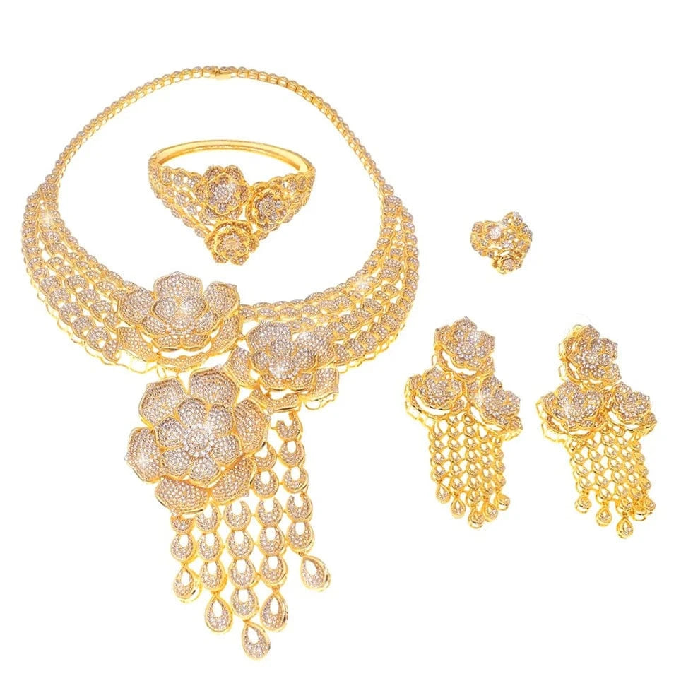 Latest Fashion 24K 18K Gold Plated Wedding Gift Jewelry set Bridal Zircon High Quality Necklace Earring Bracelet Ring Jewels