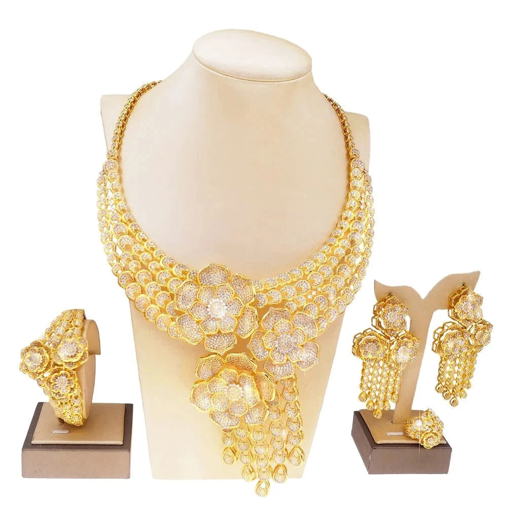 Latest Fashion 24K 18K Gold Plated Wedding Gift Jewelry set Bridal Zircon High Quality Necklace Earring Bracelet Ring Jewels