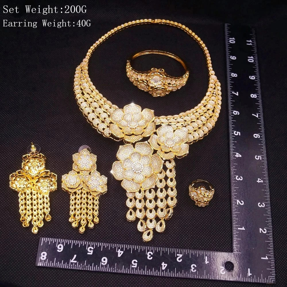 Latest Fashion 24K 18K Gold Plated Wedding Gift Jewelry set Bridal Zircon High Quality Necklace Earring Bracelet Ring Jewels