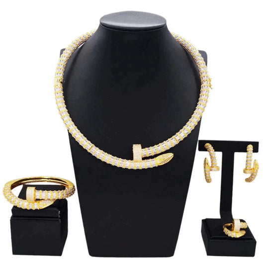 Latest Fashion Diamond Zircon Gold Plated Copper Wedding Jewelry Set Bridal Birthday Party Gift Wholesale Factory Jewels