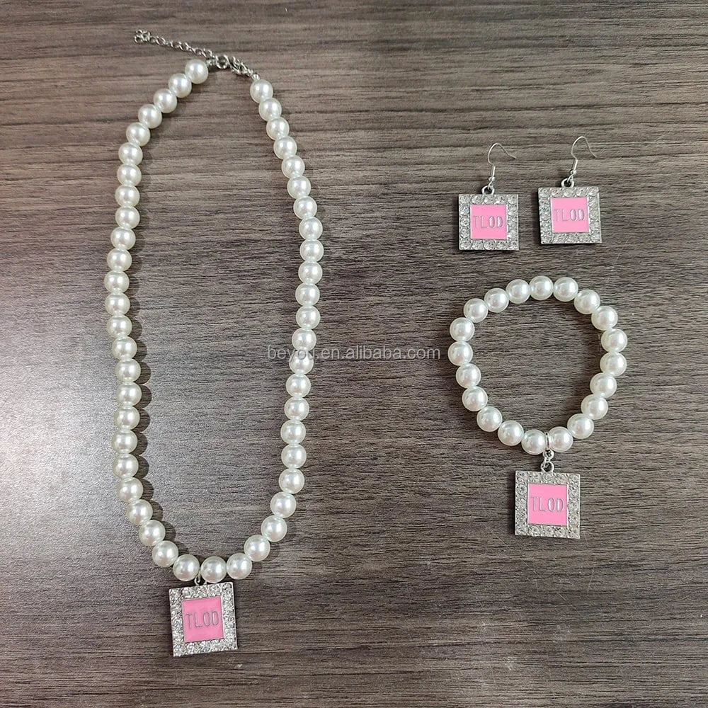 Latest Greek Alphabet Sorority Maple Leaves Association Logo Full Rhinestone Pearl Pendant Earring Bracelet Necklace Set