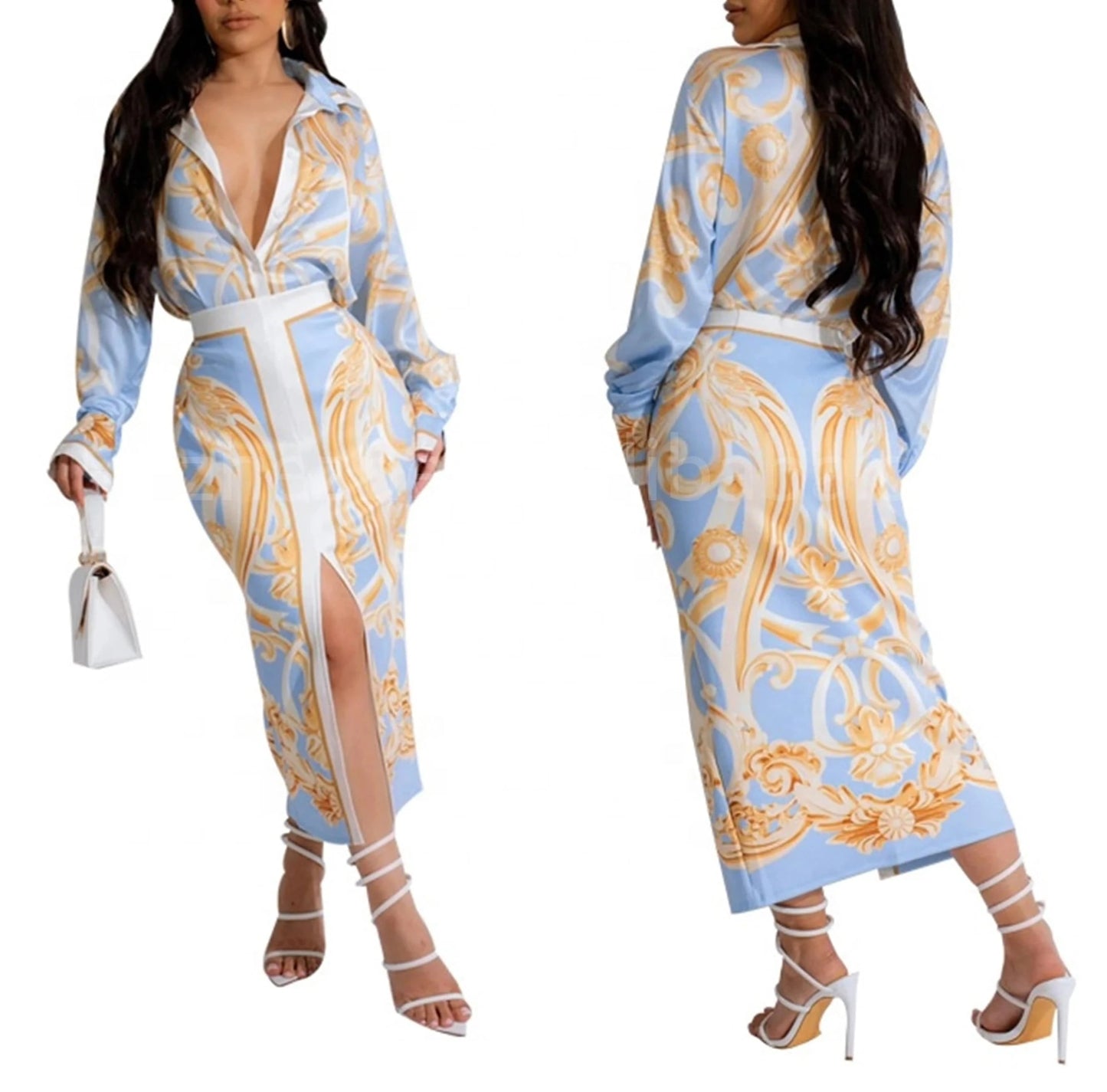 Latest New Chic 2024 Long Sleeve Collar Blouse And Long Skirt Positioning Printed Fashion Street Two Piece Dress Set