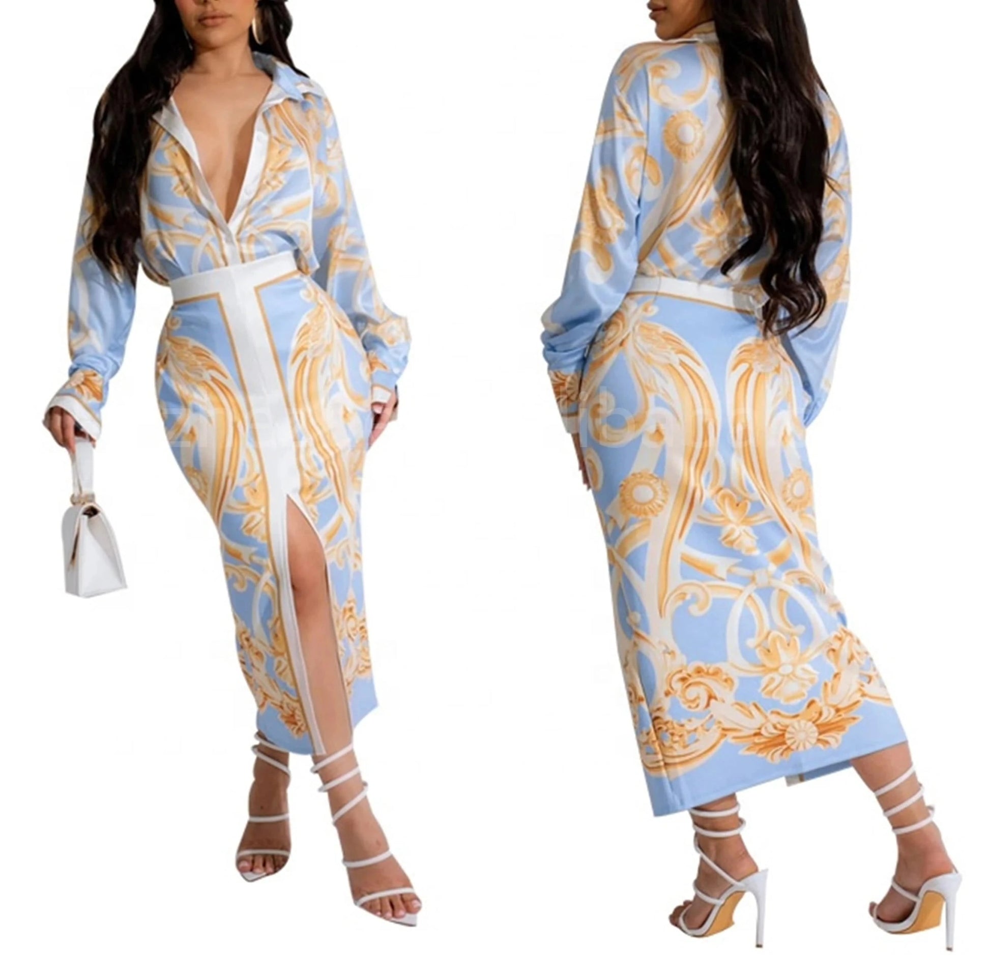 Latest New Chic 2024 Long Sleeve Collar Blouse And Long Skirt Positioning Printed Fashion Street Two Piece Dress Set